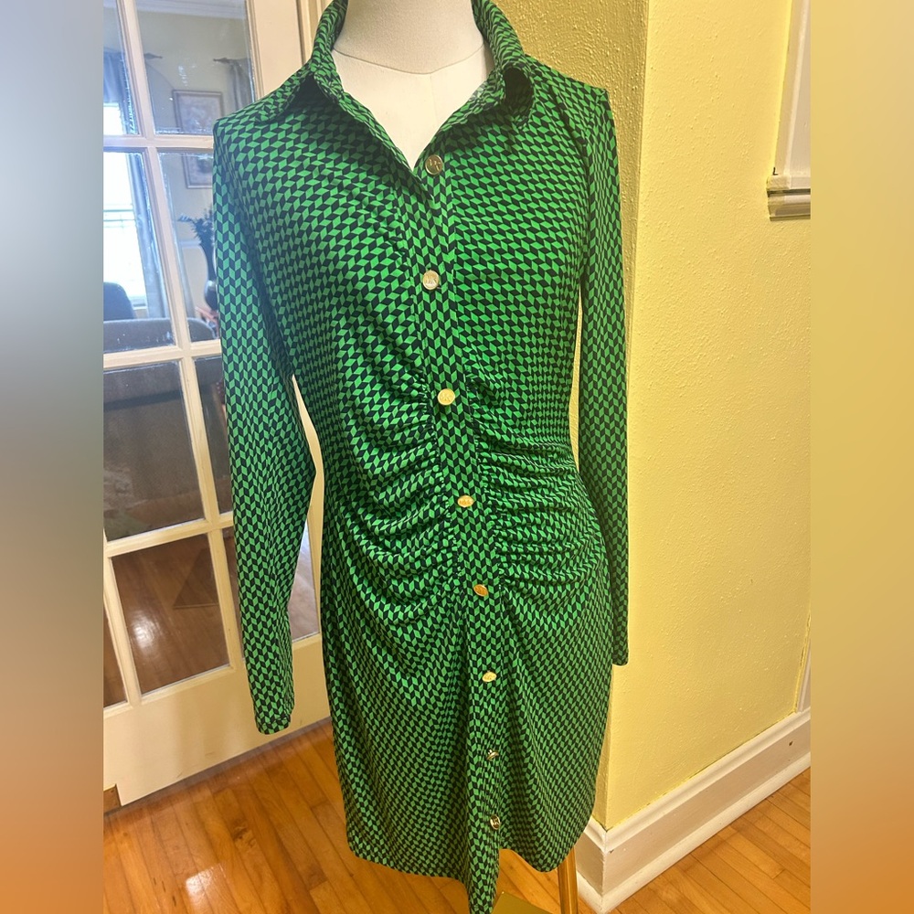 Michael Kors Green Houndstooth Long Sleeve Dress